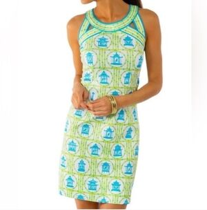 Gretchen Scott Isosceles Sleeveless Birdcage  Bamboo Dress Blue Green